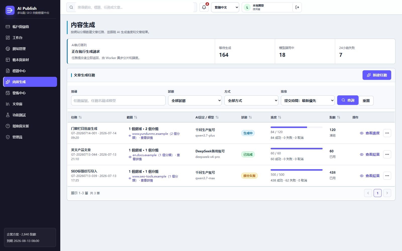 AI Publish 文章生成任務、AI 佇列和進度介面
