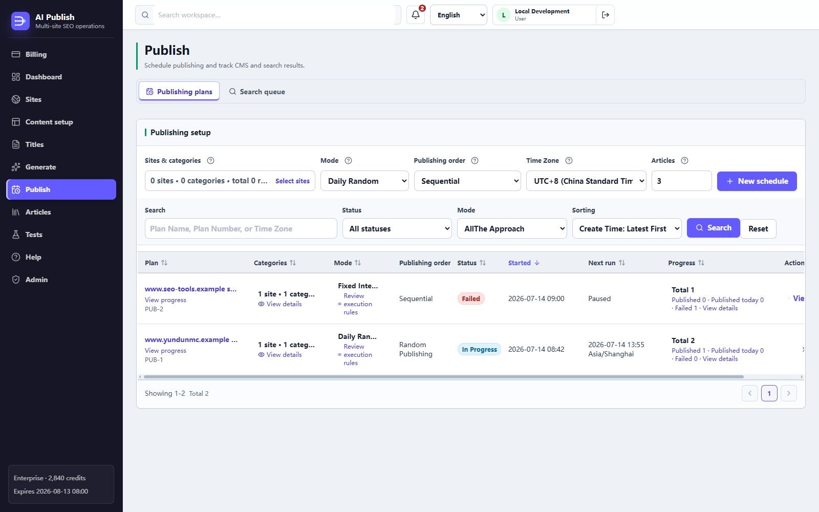 AI Publish publishing schedule and search submission dashboard