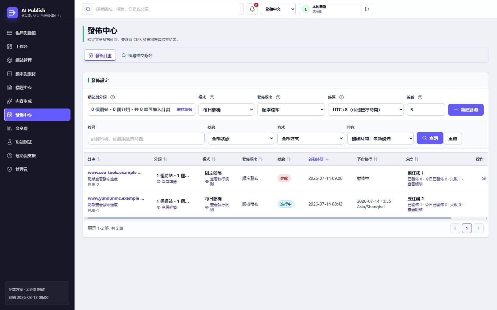 AI Publish 發佈計畫和搜尋提交佇列介面